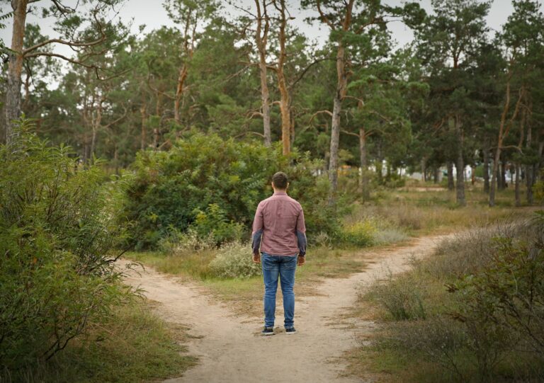 Kuvassa on metsämaisema, jossa on hiekkapolkuja ja keskellä kuvaa seisoo mies selin katsojaan tienhaarassa.